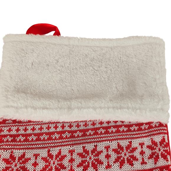Red Knit Christmas Stocking Nordic Snowflake White Cuff 16” Holiday Decor - Picture 4 of 8